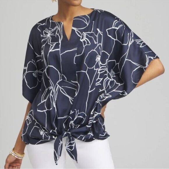 Chico's Navy White Floral Blouse with tie front and blousy sleeves size 12 NWT! - Picture 1 of 9